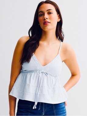 SO Juniors Lace Cami Top XL Light Blue Tiered Ruffle Hem Molded Cup Y2K NWT